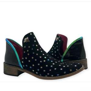 Chanii B Zippette Black Foil Star Ankle Boot Suede Blue Purple Green Bootie 36